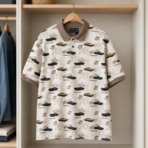Route 66 Car Print Polo Mens 2XLT Big Tall Cotton Traders Sport Y2K Golf Shirt